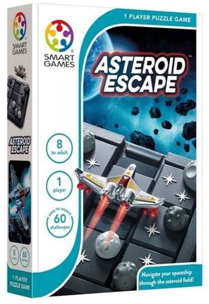 Puzzle game box featuring a spaceship flying over a grey grid board with round asteroids and stars.