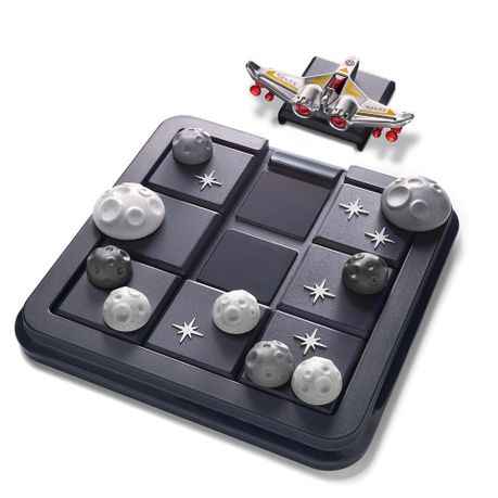 Space sliding puzzle with grey and white asteroids and silver stars on a black grid with a small toy spaceship.