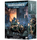 Box art of a green and tan camouflaged tank miniature in a ruined gothic city under a glowing orange sky.