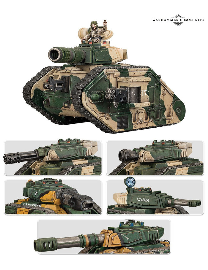 Green and tan camouflaged tank model with interchangeable cannons, side guns, and a commander figure in the hatch.