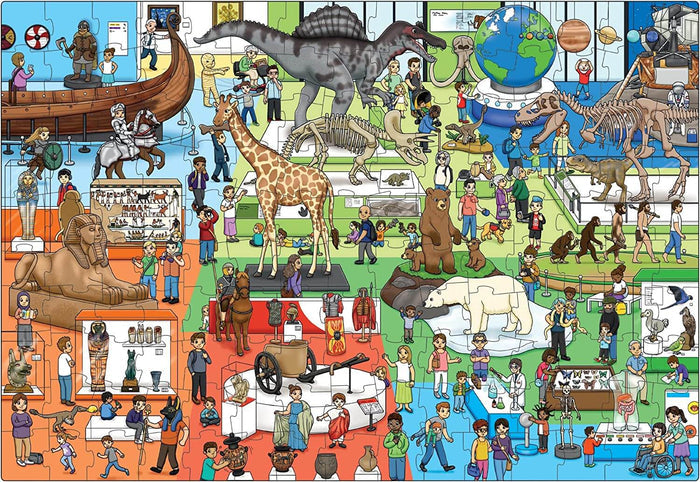 Colorful jigsaw puzzle of a busy museum interior with dinosaurs, animals, Egyptian artifacts, and many visitors.