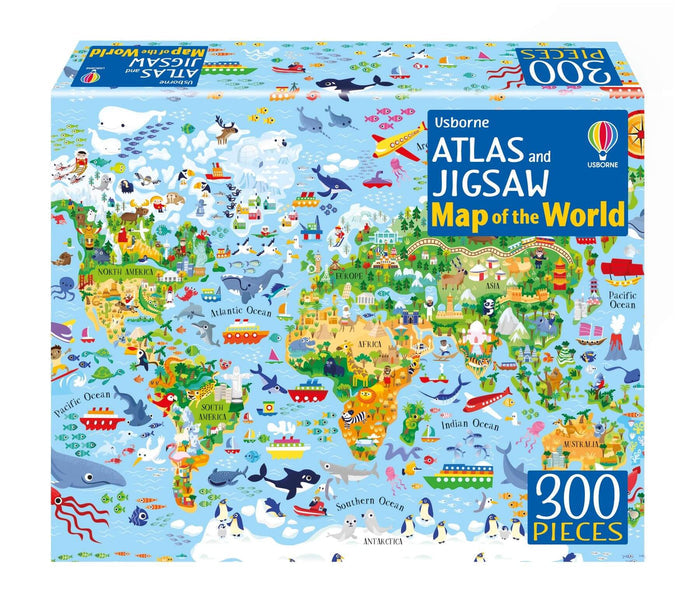 Box for a 300-piece jigsaw puzzle featuring a colorful illustrated world map with cartoon animals and global landmarks.