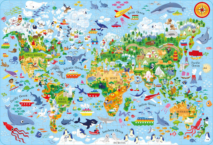 Colorful world map jigsaw puzzle with cartoon illustrations of animals, landmarks, and ships across the continents.