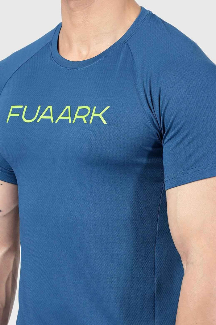 Teal Aura textured T-shirt by Fuaark Nz, casual fit with subtle textured fabric, front view showing neckline and T-shirt details.