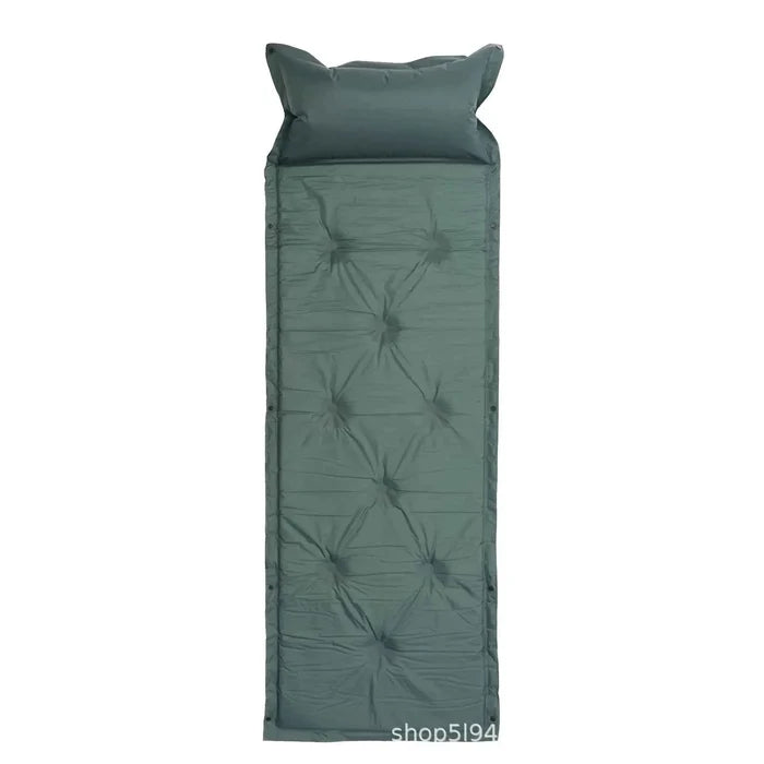 Mead's Supply & Equipment inflatable camping mattress in army green, moisture-proof sleeping pad, 180x60x2.5cm, 200kg capacity.