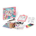 Pink light-up fashion tracing tablet kit with colored pencils, stickers, and patterned paper beside its retail box.