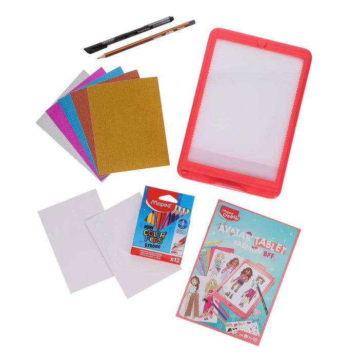 Red light-up tracing tablet kit with glitter sheets, stencils, 12 colored pencils, and fashion design booklet.