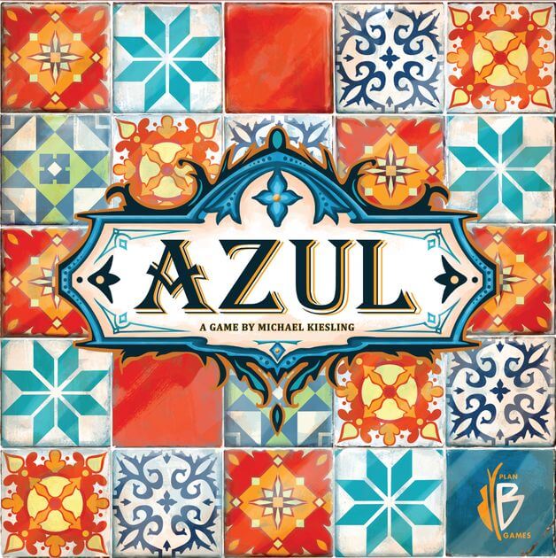 Azul board game box art with the title over a vibrant grid of red, orange, and blue patterned mosaic tiles.