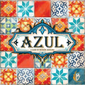 Azul board game box art with the title over a vibrant grid of red, orange, and blue patterned mosaic tiles.