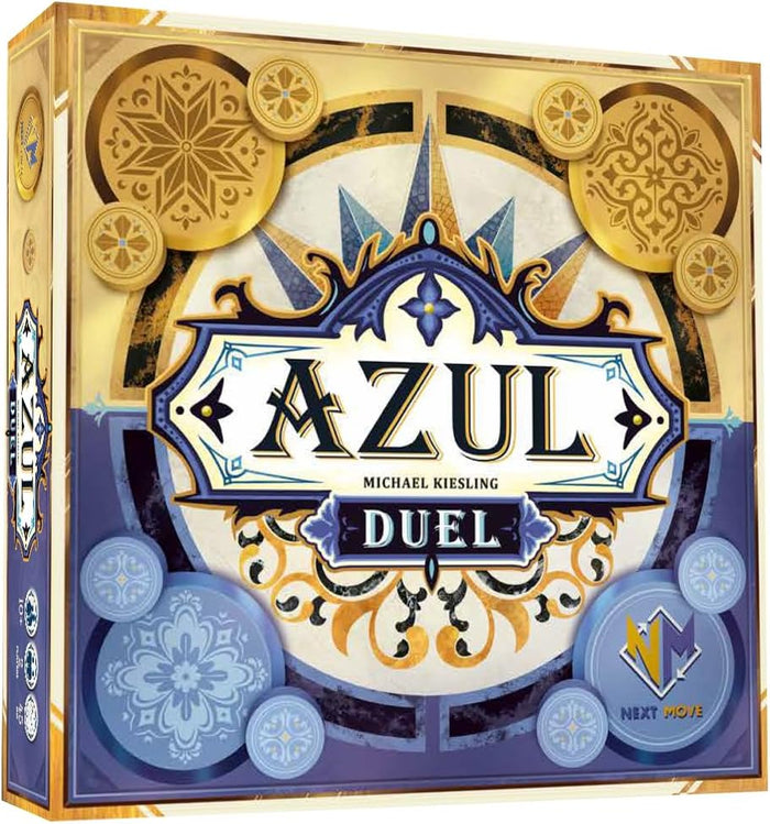 Ornate square box for Azul Duel with decorative blue, gold, and white circular mosaic tile patterns.