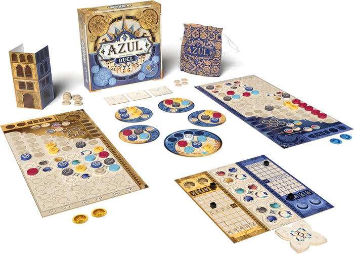 Azul Duel board game with ornate gold and blue boards, colorful patterned tiles, a fabric bag, and a tower accessory.
