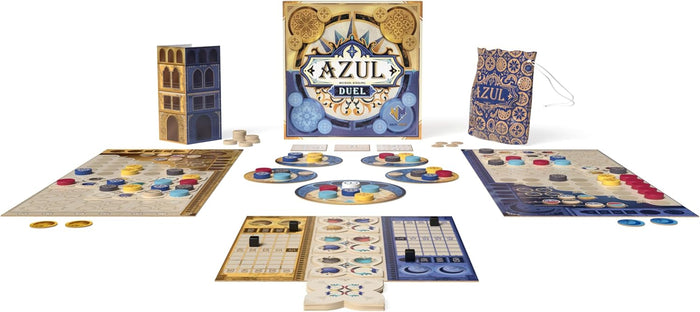 Ornate board game set with colorful tiles, patterned player boards, a drawstring bag, and decorative blue and gold box.