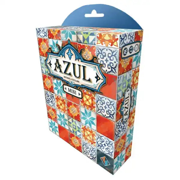 Vertical box with orange, teal, and blue mosaic tile patterns, ornate branding banner, and a blue hanging tab.