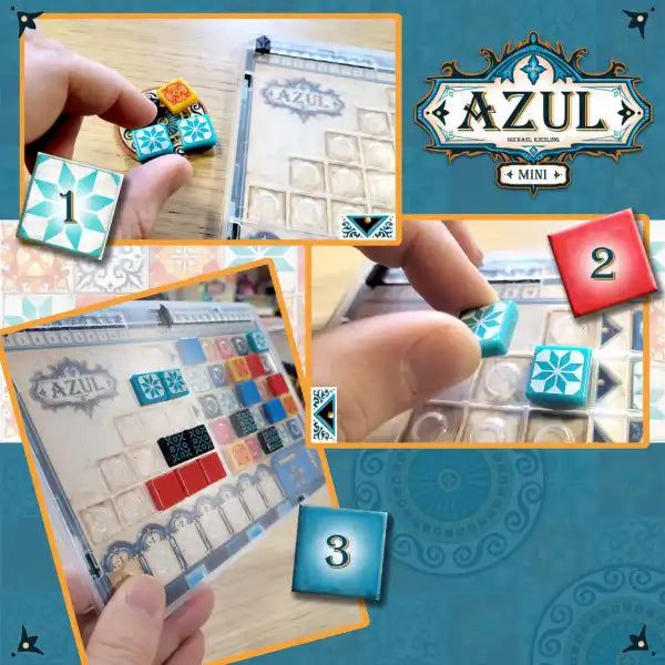 Collage of hands playing Azul Mini with small colorful tiles on a clear plastic grid-patterned player board.