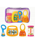 Four colorful plastic baby musical instruments shown inside and outside a purple zippered carrying case.
