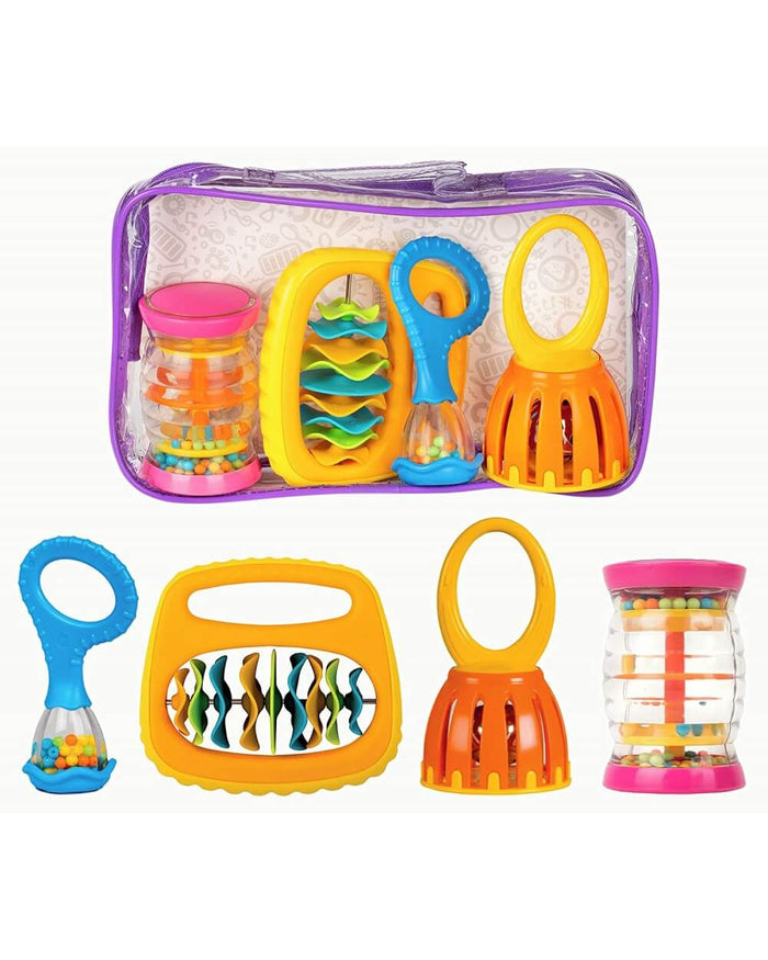 Four colorful plastic baby musical instruments shown inside and outside a purple zippered carrying case.