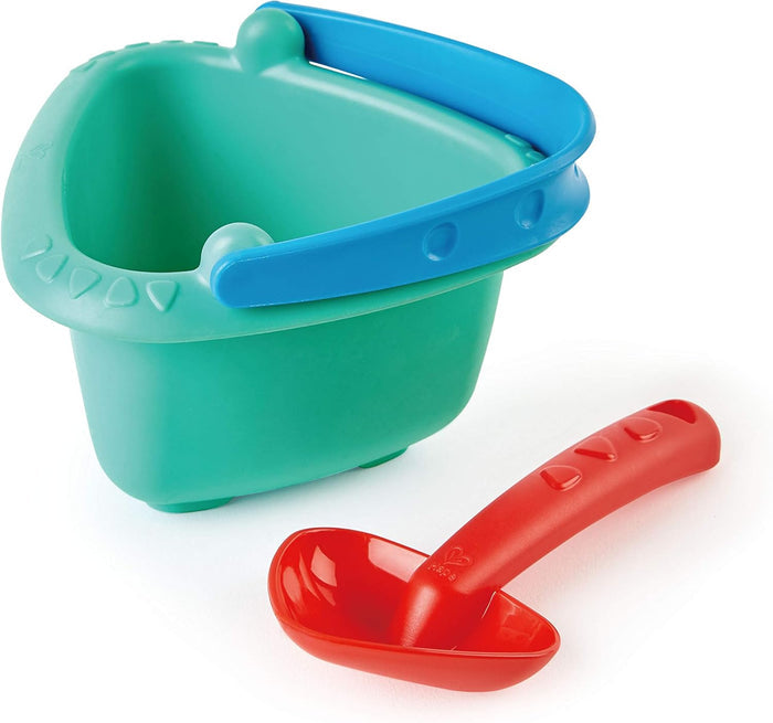 Teal triangular bucket with a blue handle and a red spade on a white background.