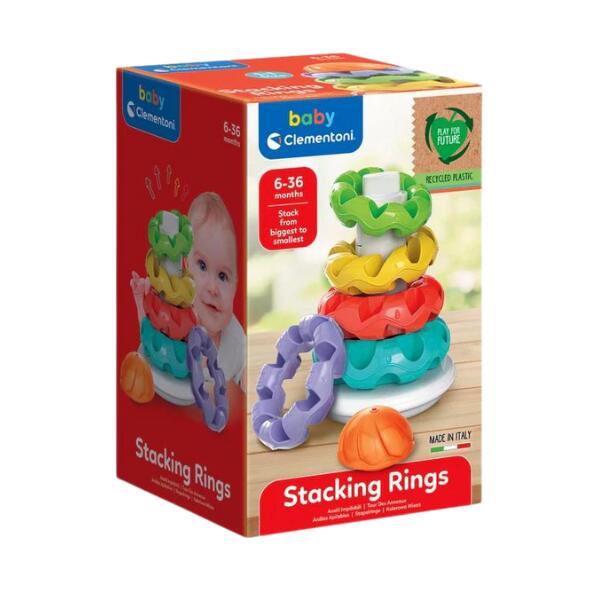 Red box for Baby Clementoni Stacking Rings featuring colorful, textured rings and a smiling baby.