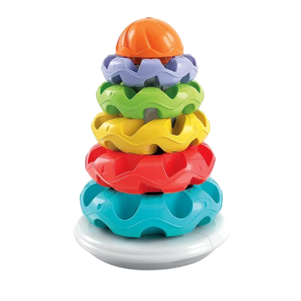 Six colorful, gear-shaped rings stacked on a white rounded base and topped with a textured orange sphere.