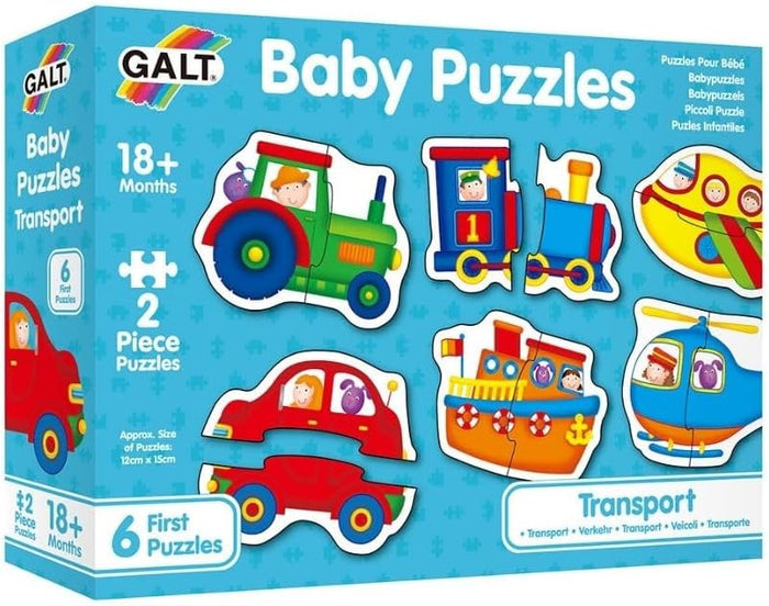 Blue box of six 2-piece toddler puzzles with colorful drawings of a tractor, train, car, boat, plane, and helicopter.