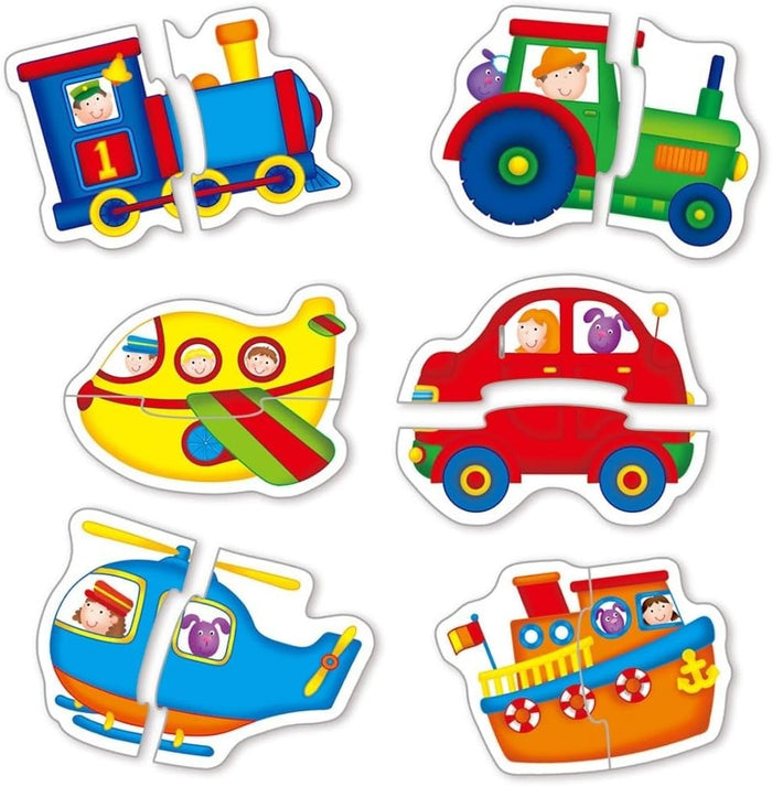 Six 2-piece puzzles featuring a colorful train, tractor, plane, car, helicopter, and boat with happy cartoon characters.