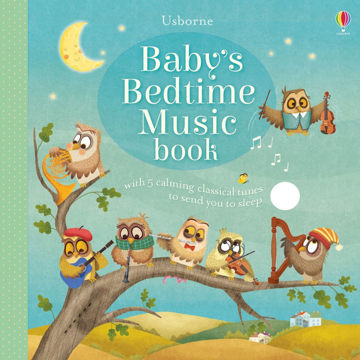 Seven owls playing instruments on a tree under a crescent moon and stars on a light blue Usborne book cover.
