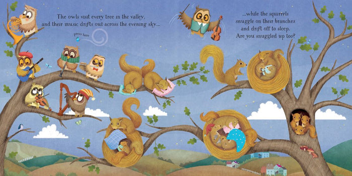 Illustration of owls playing musical instruments and squirrels sleeping in a tree under a blue night sky.