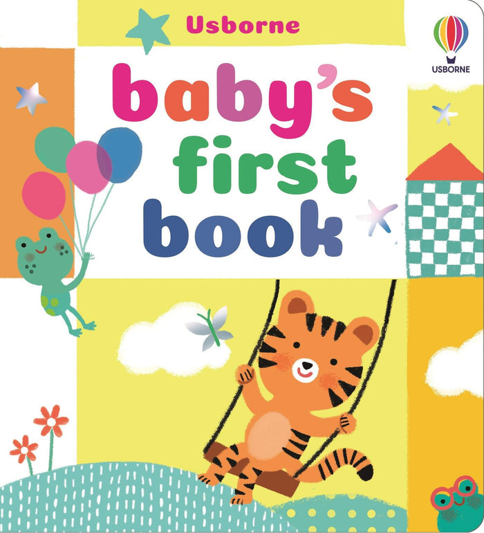Bright yellow book cover with a smiling tiger on a swing and a green frog holding colorful balloons.