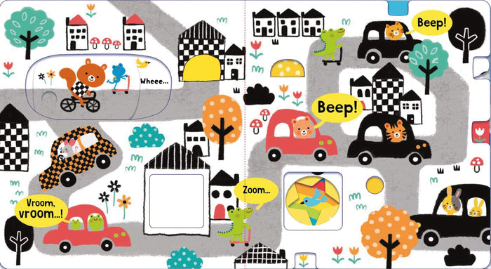 Colorful illustration of a bear, cat, and mice driving cars through a town with sound bubbles like Beep and Vroom.