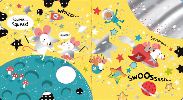 Whimsical space-themed children's book illustration with mice, stars, and planets on a bright yellow background.