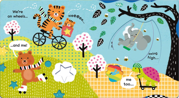 Colorful children's book page with a tiger on a bike, bear on skates, turtle on a skateboard, and elephant on a swing.