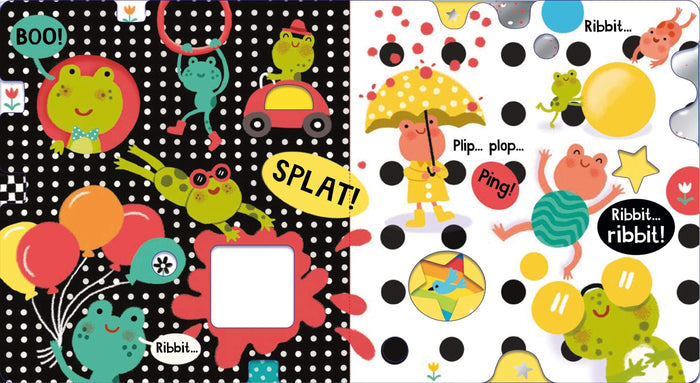 Vibrant baby book spread featuring cartoon frogs, balloons, and sound effects on polka dot backgrounds.