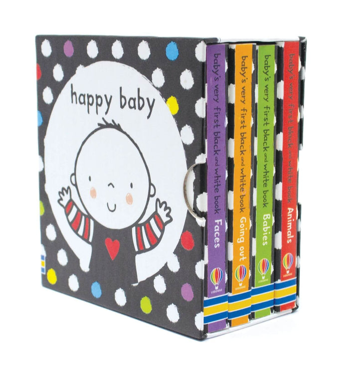 4 board books in a black and white polka dot slipcase with a smiling baby illustration and colorful book spines.