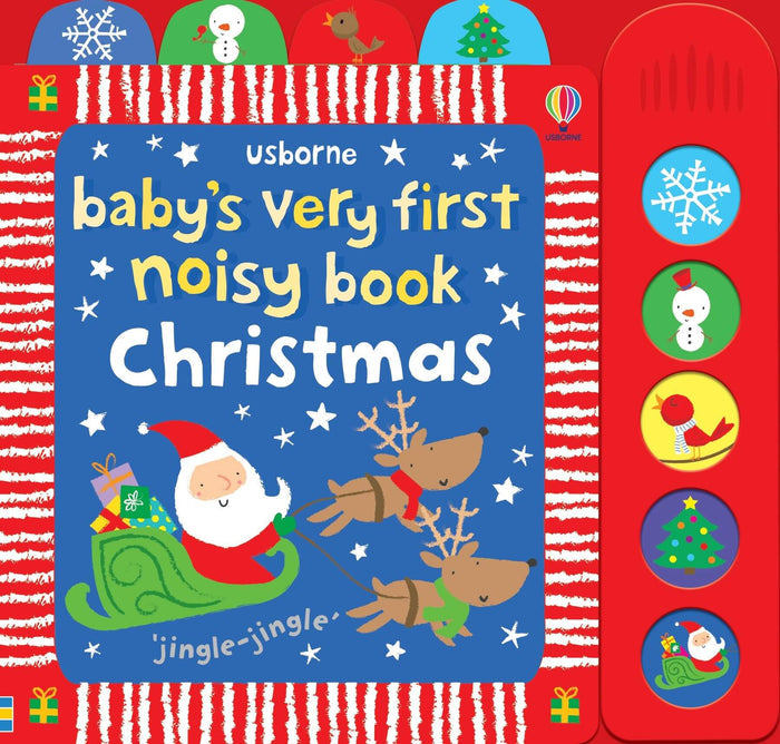 Blue and red Christmas sound book with Santa on his sleigh and a side panel featuring five colorful buttons.