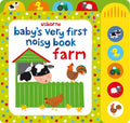 Bright farm board book with animal illustrations and a yellow side panel featuring five sound buttons.