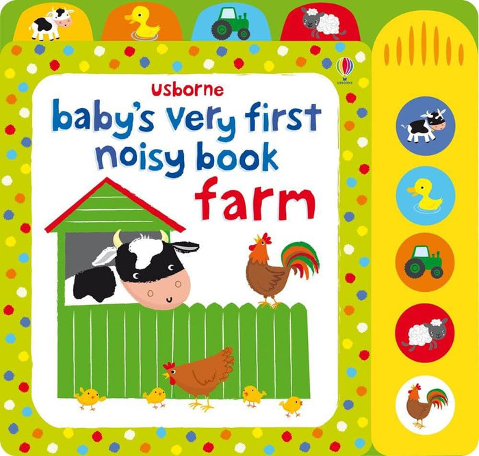 Bright farm board book with animal illustrations and a yellow side panel featuring five sound buttons.