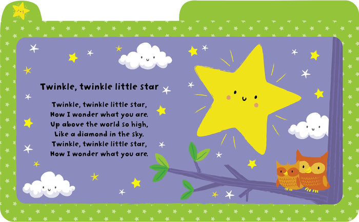Illustrated book page for Twinkle, Twinkle Little Star with a large smiling yellow star, purple sky, and two owls.