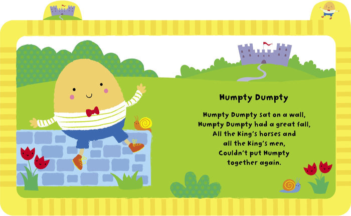 Humpty Dumpty on a stone wall next to rhyme text on a yellow-bordered book page with a field and castle.