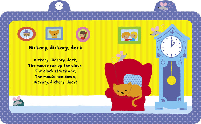 Nursery rhyme page for Hickory Dickory Dock with a blue grandfather clock, mice, and a sleeping cat on a red chair.