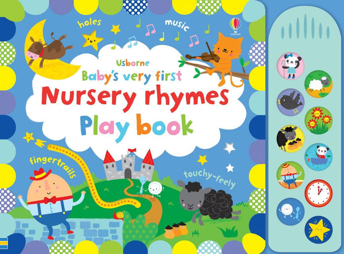 Colorful children's sound book with nursery rhyme illustrations and a side panel featuring ten circular sound buttons.