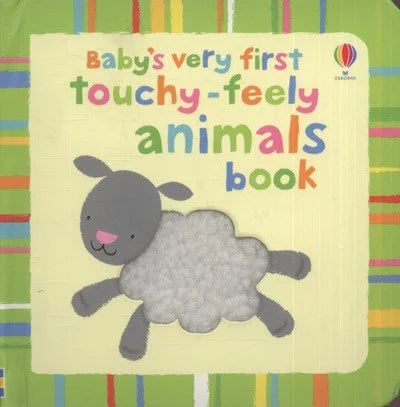 Baby board book cover featuring a gray cartoon sheep with a fluffy white textured body and a colorful striped border.