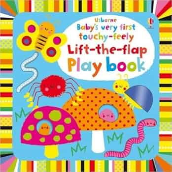 Blue board book cover with a yellow butterfly, red spider, and spotted mushrooms within a colorful striped border.