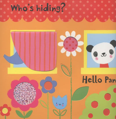 Colorful children's book page featuring a panda, a pink lift-the-flap curtain, and a textured tactile flower.