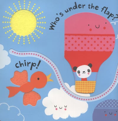 Colorful baby book page with a textured sun, orange bird, and a panda in a lift-the-flap hot air balloon.