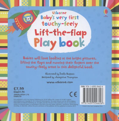 Back of a blue board book with a rocket ship illustration, colorful striped edges, and product details.