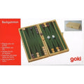 Open wooden backgammon board with green felt interior, dice, and checkers on red and white goki brand packaging.