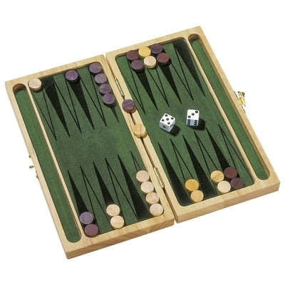 Open wooden backgammon board with green felt lining, black points, light and dark wood checkers, and two dice.
