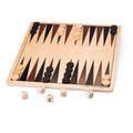 Light wood backgammon board with brown triangles, black and tan checkers, four dice, and a doubling cube.