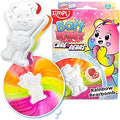 White bear-shaped bath bomb fizzing into vibrant rainbow swirls with colorful Care Bears packaging.