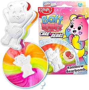 White bear-shaped bath bomb fizzing into vibrant rainbow swirls with colorful Care Bears packaging.